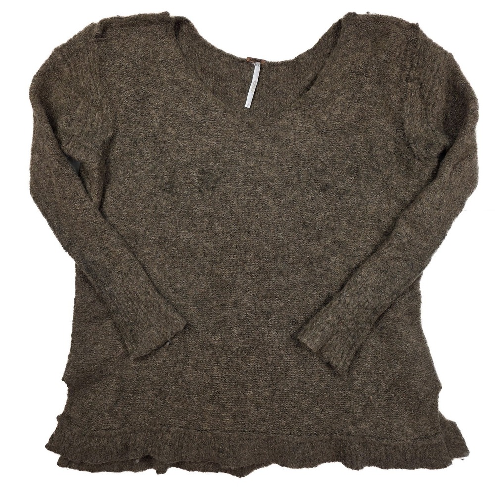 Free People Brown Alpaca Wool Blend V Neck Pullover Knit Sweater Women's Size S
